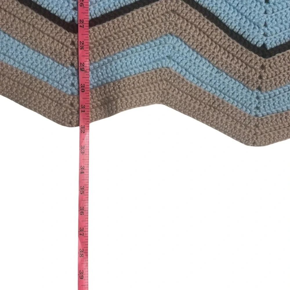 Vintage Handmade Crochet Chevron Ripple Afghan‎ Throw Blanket Blue Brown 51x32